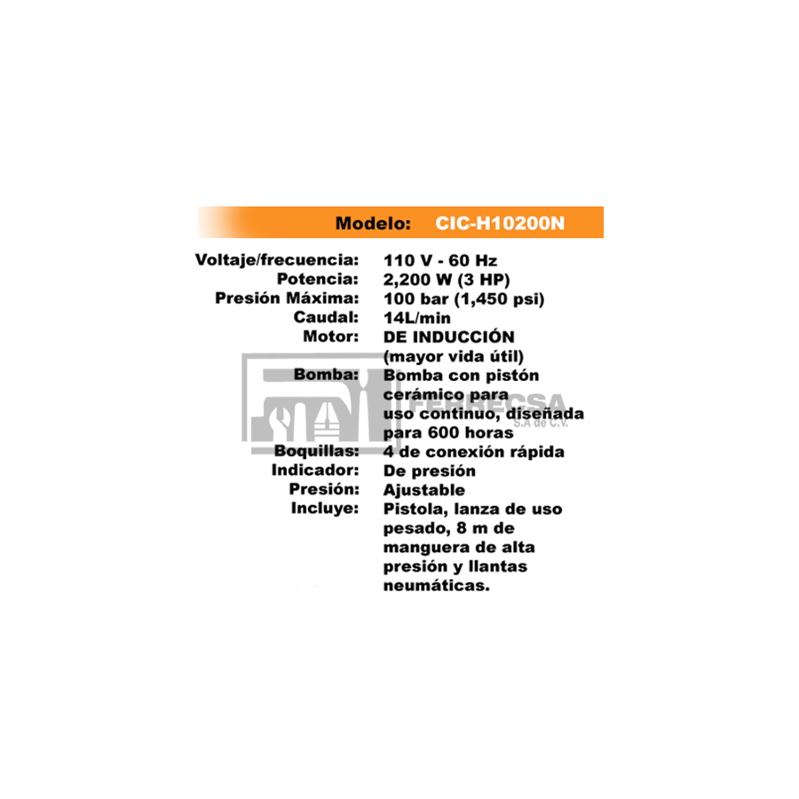 HIDROLAVADORA ELECTRICA INDUSTRIAL 3HP 1450PSI CIC-H10200N CICLON